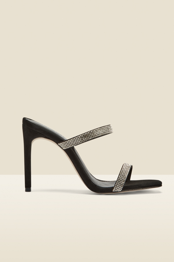 Kiera Black Suede Diamante Double Strap Square Toe Mule