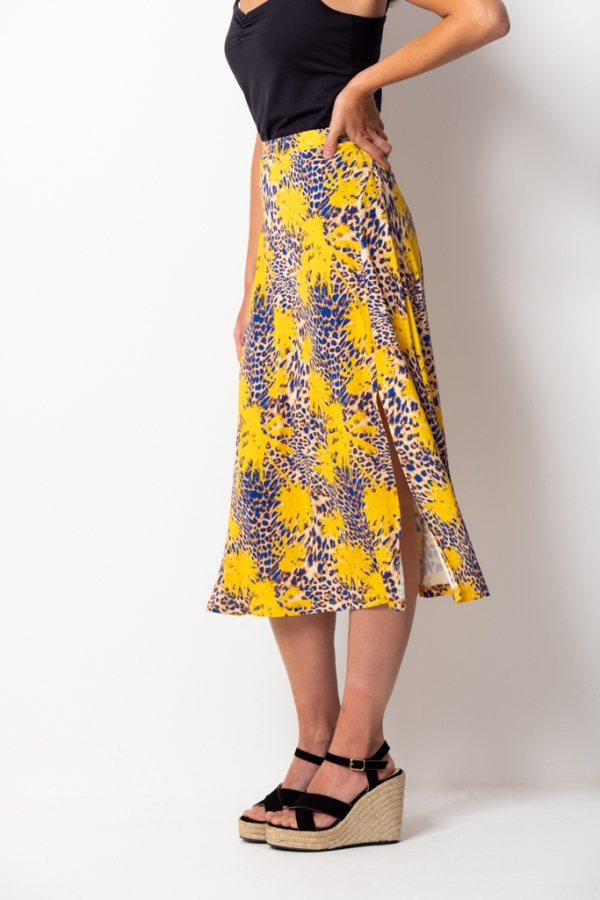 Yellow & Blue Tropical Print Midi Skirt