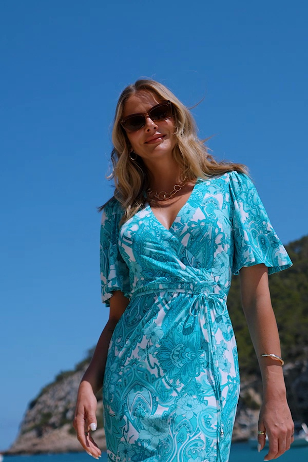 knee length dresses for ladies Aqua Floral Print Midi Dress - All Dresses main image 1