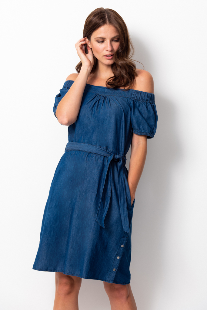 Indigo Denim Bardot Dress With Pockets — off-shoulder dress for a pear-shaped figure