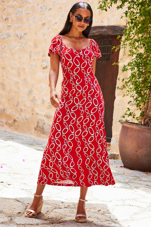 red chain print dress Karen Millen Chain Print Crepe Hanky Hem Midi Dress in Red