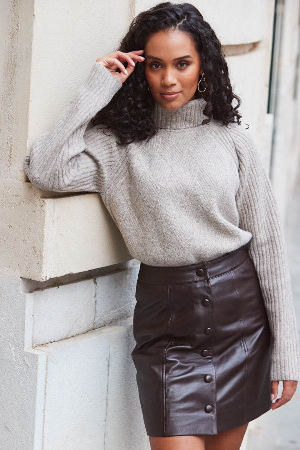 Mocha Brown Stitch Detail Roll Neck Jumper
