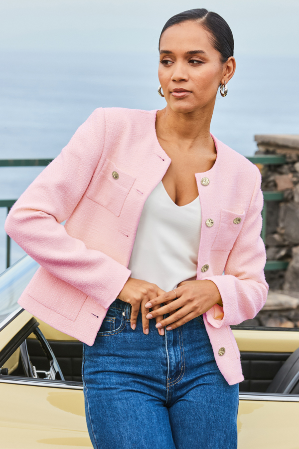Pink Button Front Jacket Pink Boucle Jacket With Gold Buttons