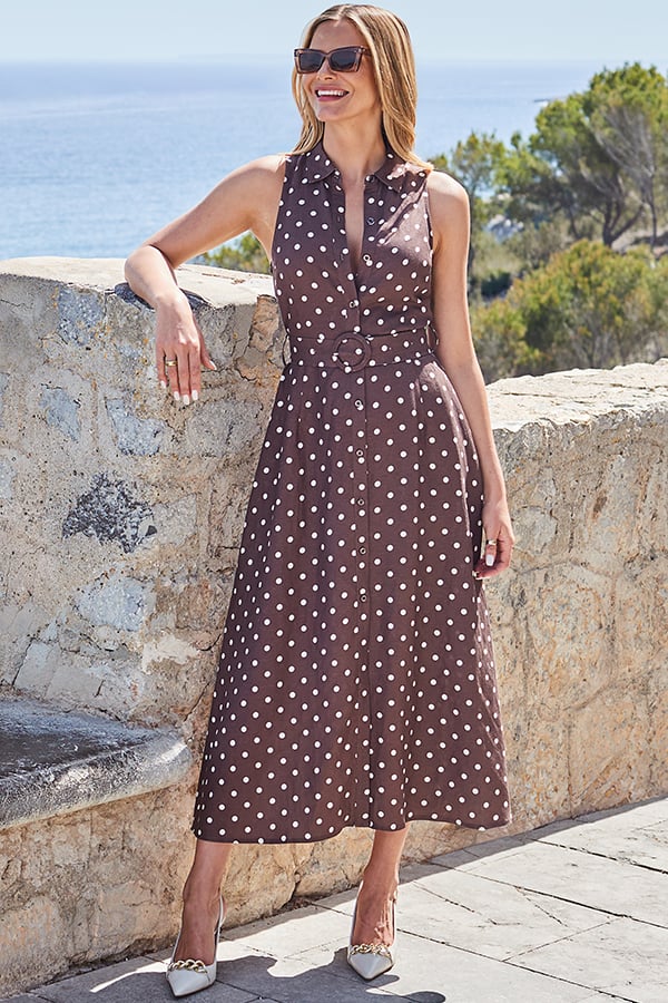 Brown Polka Dot Print Linen Blend Midi Shirt Dress