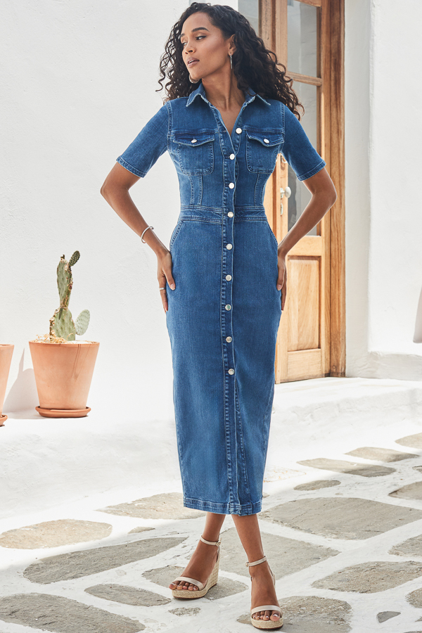 Indigo Blue Denim Midi Dress With Pockets