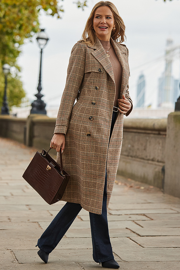 Wool Coat Check Print Trench Coat Brown Heritage Check Trench Coat