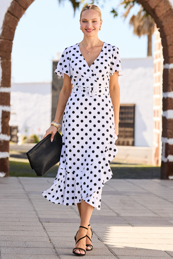 White & Black Polka Dot Print Fit & Flare Belted Wrap Dress