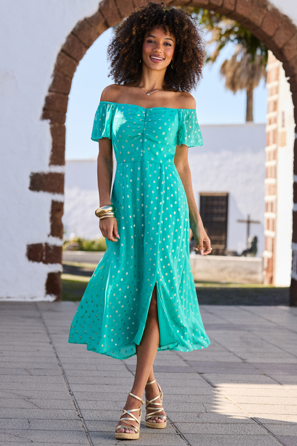 Green & Silver Polka Dot Bardot Midi Dress