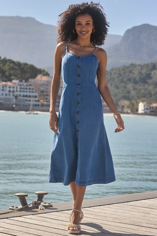 Mid Blue Soft Denim Button Front Dress