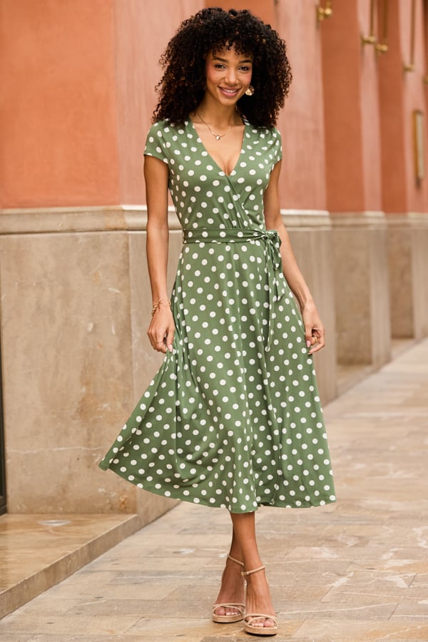green and white polka dot wrap dress Khaki Spot Print Faux Midi dress