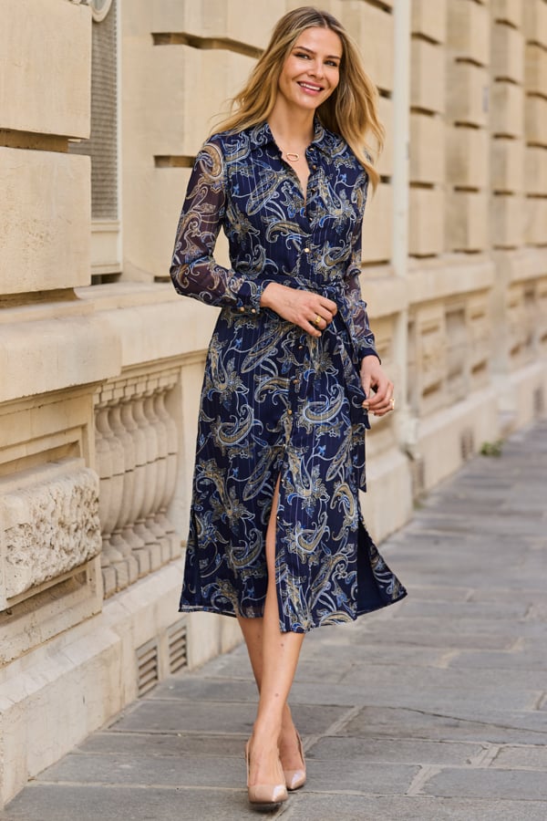 Navy Blue Paisley Print Belted Shirt Dress