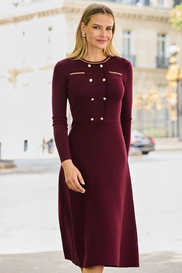 burgundy button dress & Chain Detail Fit & Flare Knitted Shirt dress
