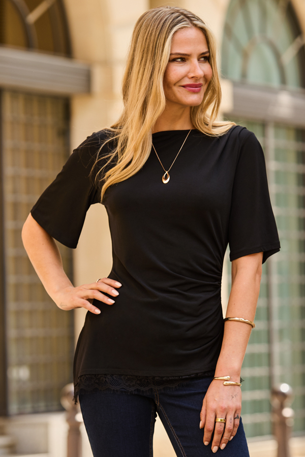 Black Lace Trim Asymmetric Hem Top