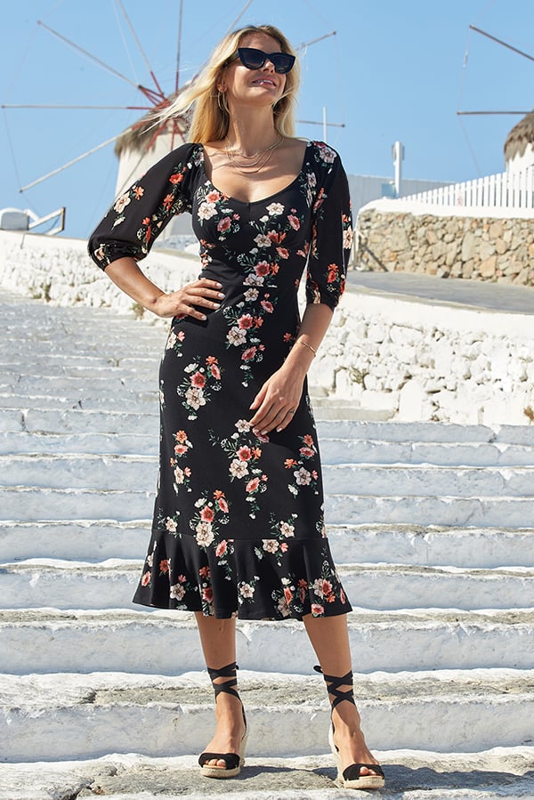 black floral jersey dress Print Sweetheart Neckline Midi Sosandar clothing