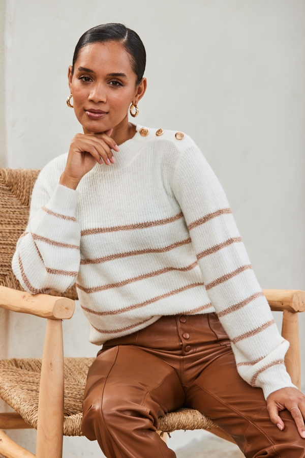 Cream Gold Metallic Stripe Button Shoulder Jumper - Main Image