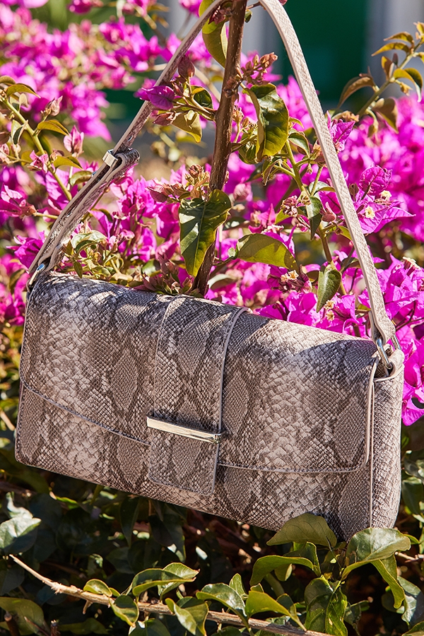 Grey Snake Print Metal Trim Shoulder Bag