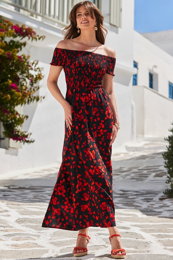 Black Floral Print Shirred Body Bardot Maxi Dress