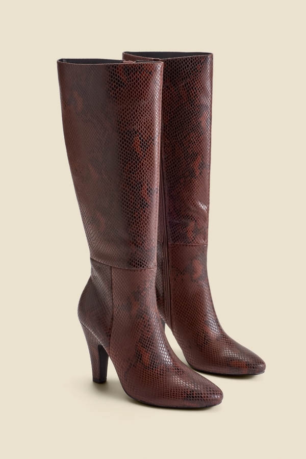 Brown Snake Print Leather Knee High Heeled Boots