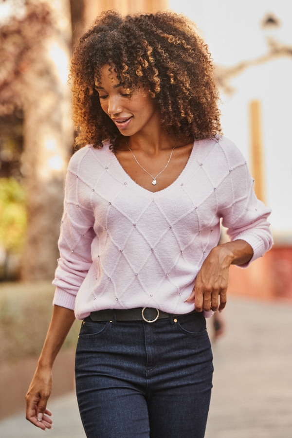 Soft Pink Pointelle Diamante Embellished Jumper