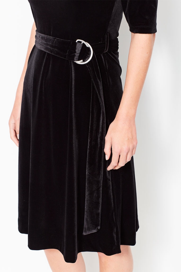 Black Velvet Belted Bardot Dress