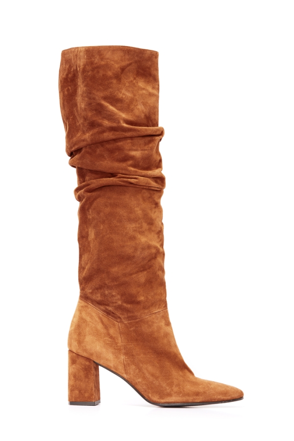 Cognac Brown Suede Pull On Knee High Boot