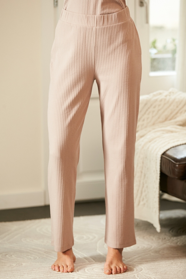 Taupe Rib Wide Leg Loungewear Trousers