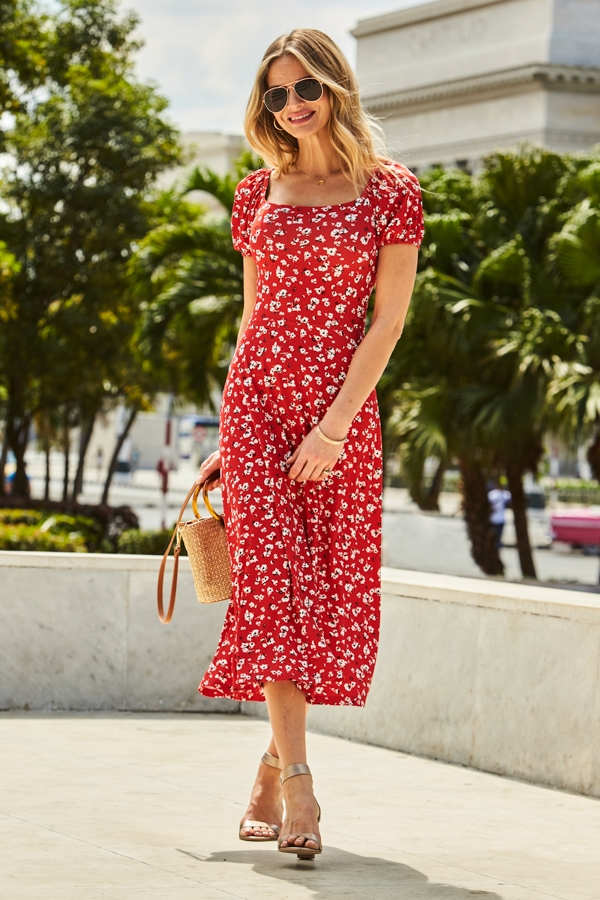 Red Ditsy Floral Print Puff Sleeve Jersey Midi Dress