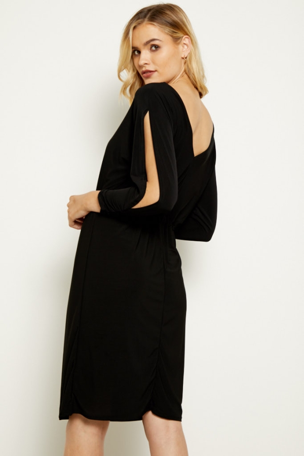 Black Split Sleeve Slinky Jersey Dress