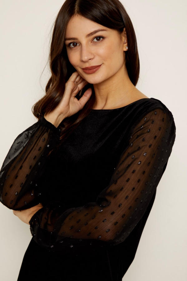 Black Velvet Lurex Spot Sleeve Shift Dress