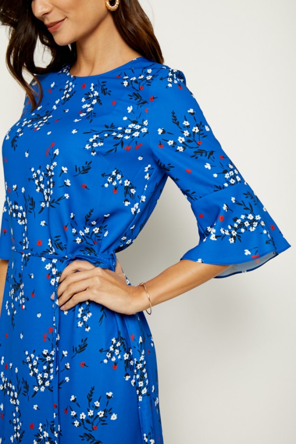 Blue Floral Print Ruffle Hem Dress