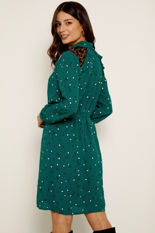 Forest Green Ditsy Floral & Lace Shirt Dress