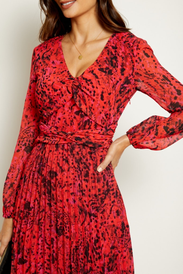 Red Abstract Print Twist Front V Neck Dress