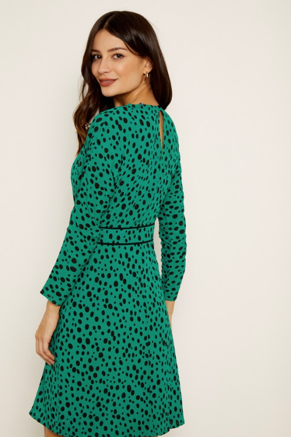 Green Spot Print Waist Detail Dress