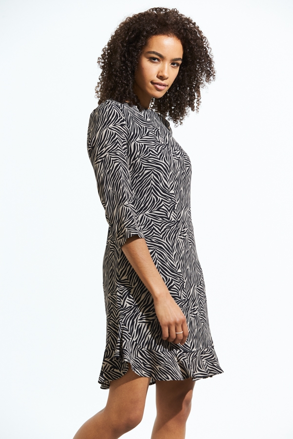 Neutral Zebra Print Flute Hem Shift Dress