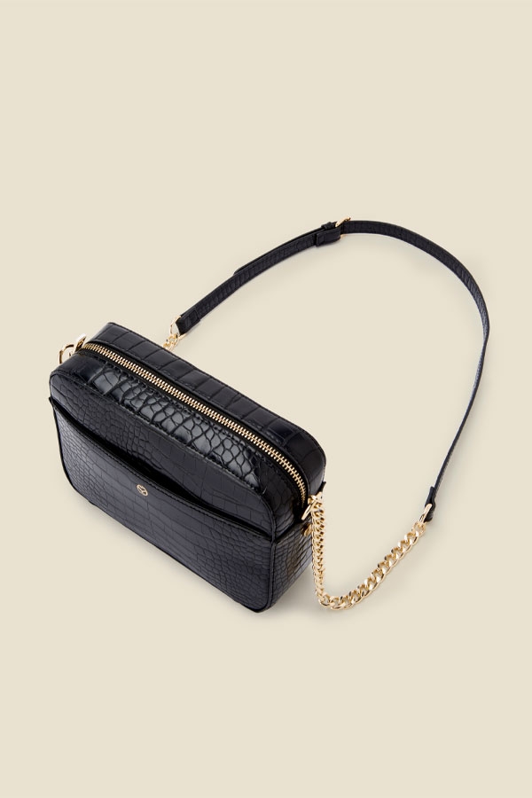 Black Croc Faux Leather Chain Detail Cross Body Bag