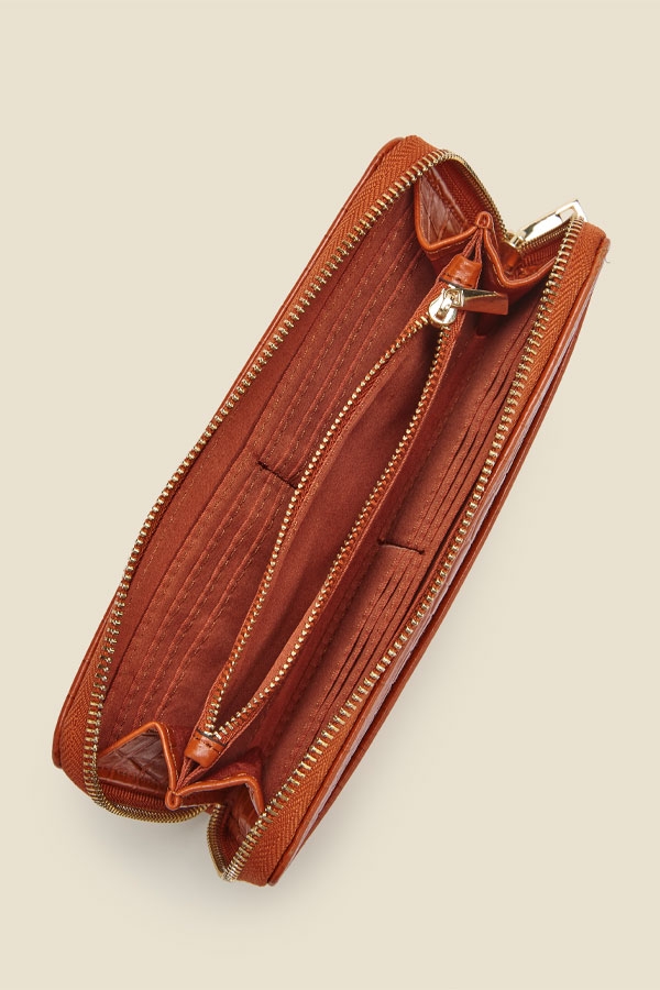 Tan Croc Leather Purse With Coin Pouch