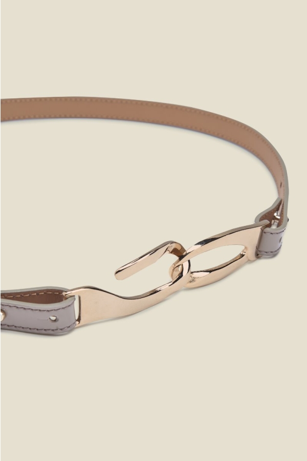 Taupe Patent Leather Slim Waist Belt With Gold Clasp