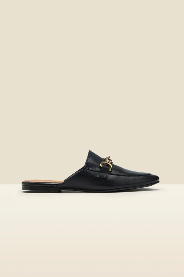 Samba Black Leather Backless Mule With Gold Trim