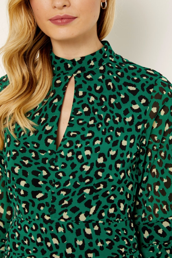 Green Leopard Print Fit & Flare Ruffle Dress