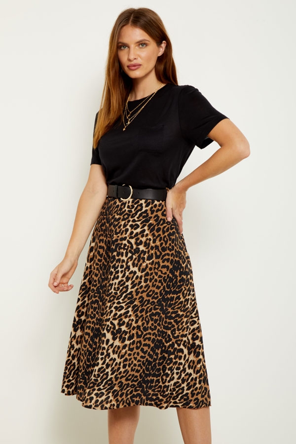 Leopard Print A-Line Midi Skirt