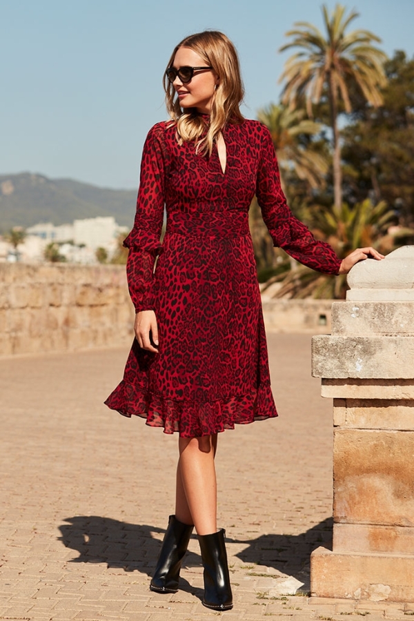 Red Leopard Print Fit & Flare Ruffle Dress
