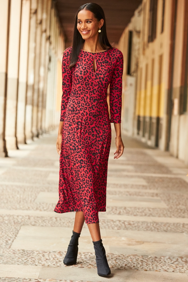 Red & Black Animal Print Keyhole Detail Midi Jersey Dress