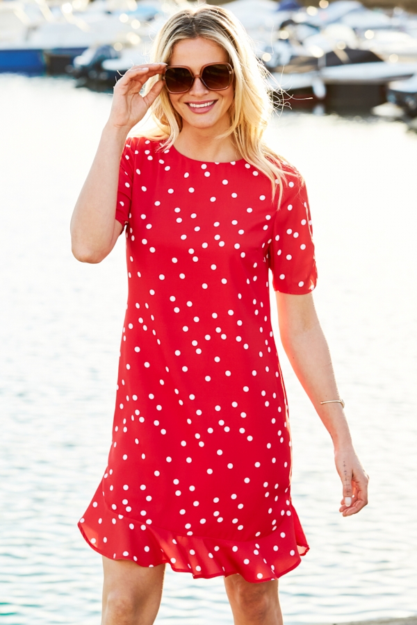 Red & White Spot Print Ruffle Hem Shift Dress