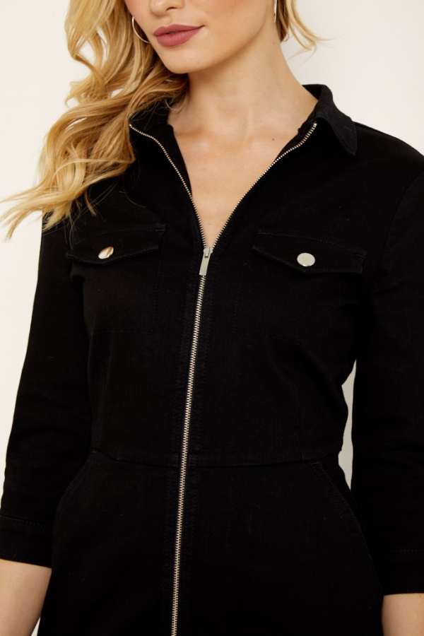 Black Zip Front Denim Dress With Pockets