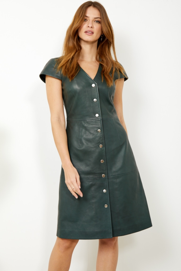 Dark Green Leather V Neck Popper Front Dress