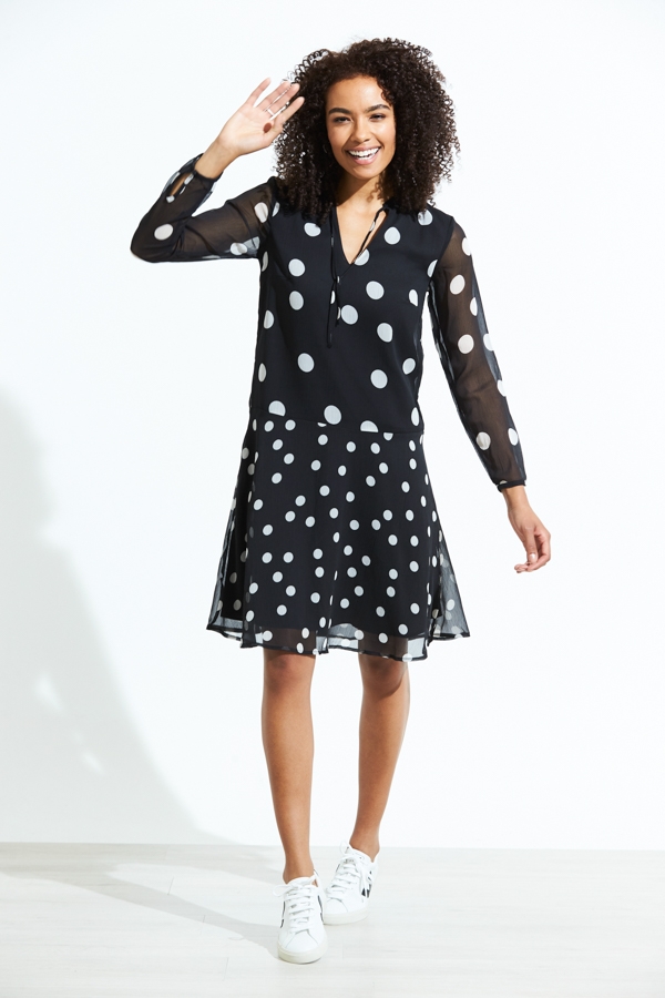 Black & White Spot Print Fluted Hem Shift Dress