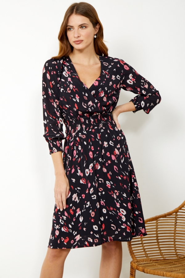Black & Pink Abstract Floral Print Stretch Waist Dress