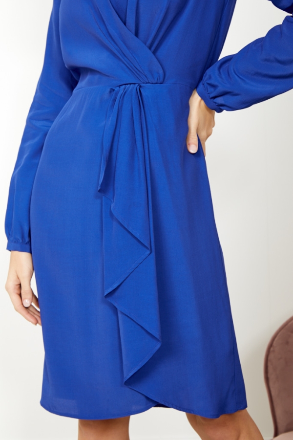 Blue Ruffle Detail Faux Wrap Dress