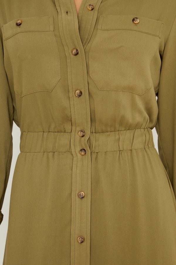 Khaki Stretch Waist Midi Shirt Dress