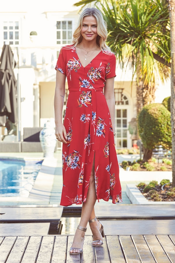 Red Floral Print Split Front Maxi Dress
